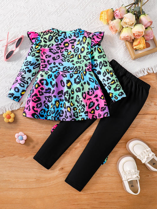Spring and autumn children's fashion cute casual dress girls tie-dye wing sleeve bow micro-stretch comfortable dress girls set