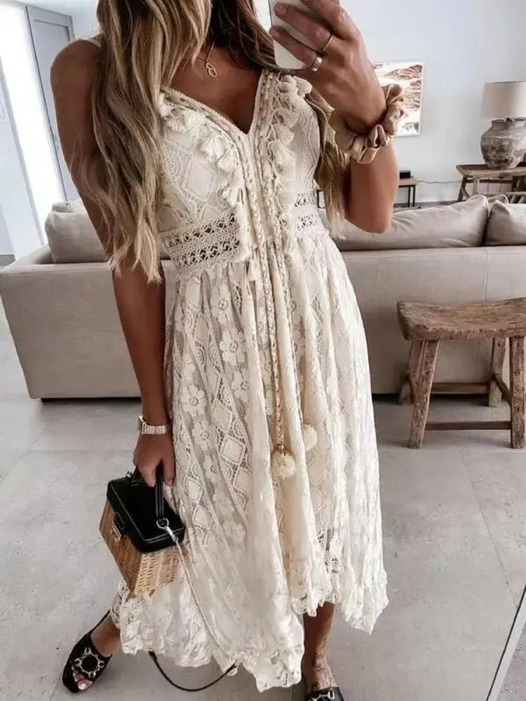 2024 Summer Lace Sleeveless Women Dress V Neck Hollow Out Elegant Loose Dresses Fashion Sexy Beach Vacation Long Dress