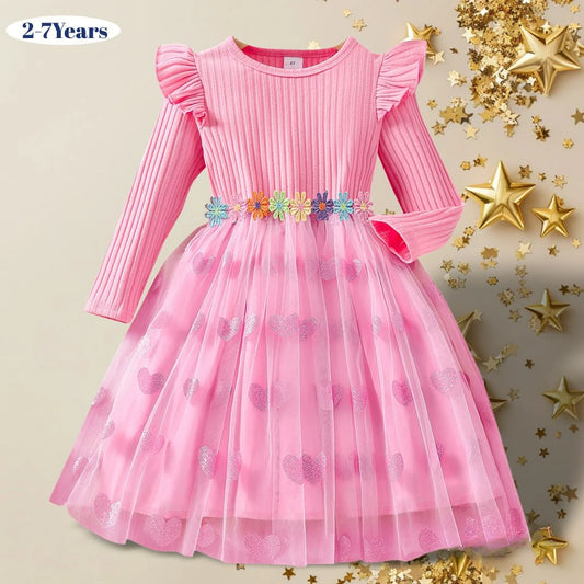 2024 Girls Dress Spring Autumn Long Sleeve Gauze Colorful Flower Belt Children Clothes Casual Birthday Sweet Girls Dress 2-7Y