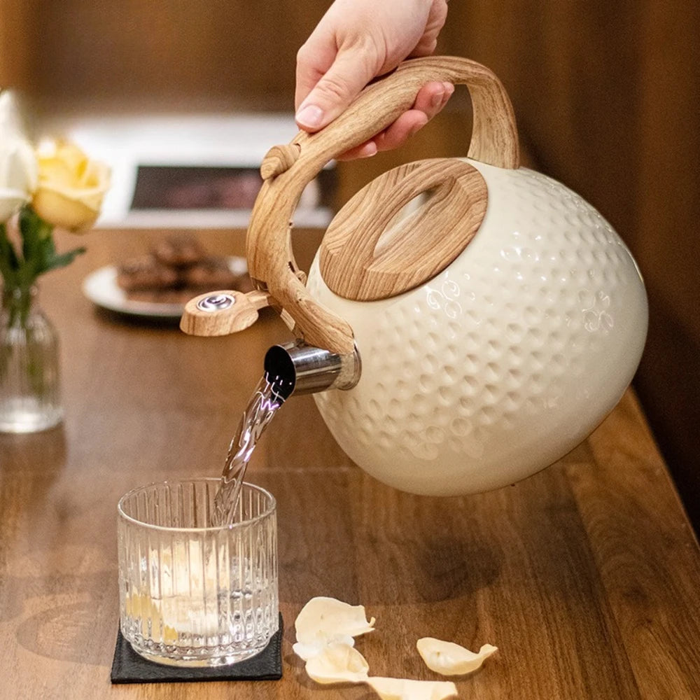 3L Tea Kettle with Wood Pattern Anti Hot Handle Loud Whistle Stainless Steel Kettle Heat Resistant for Boiling Water Coffee Milk
