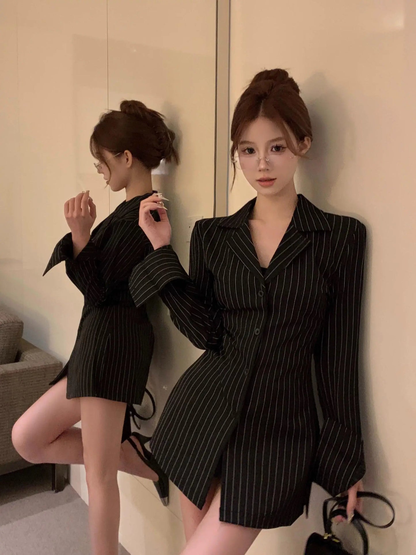 Bla Stripe Long Sve irt Autumn New Sle Ele Slim Fit V Ne Waist Cinched Midi Length Top for Women Sweet Sle