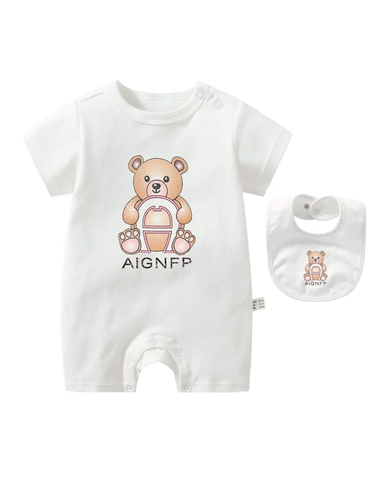 Cute Bear Romper Newborns Clothes 2025 Summer Hot Sale New Toddler Boys Jumpsuit %100 Cotton Soft Bib scarf 2Pcs Set Baby Romper