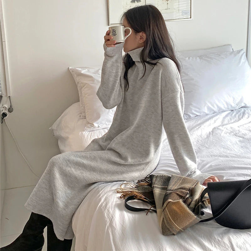 New 2025 Autumn Winter Sweater Dress Women Japanese y2k Turtleneck Long Sleeve Thicken Loose Knitted Long Dresses Hot Sale