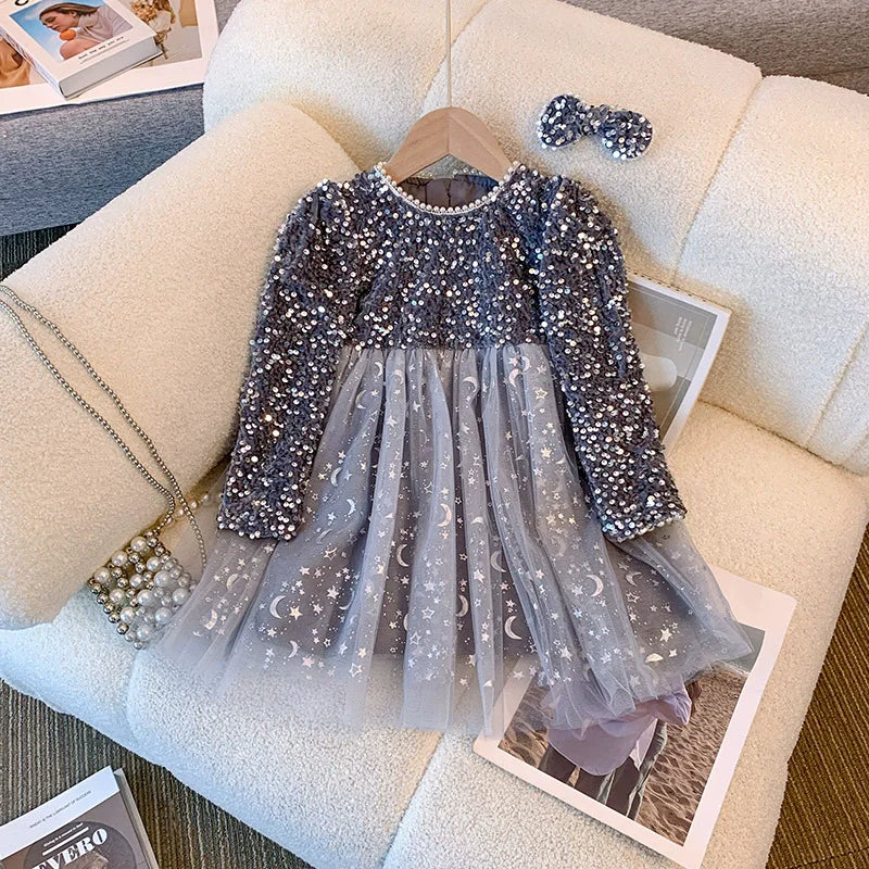 Girls Sequins Dress Spring Autumn Princess Gown Children Wedding Birthday Party Tulle Vestidos New Kids Fashion Clothing 3-8Y