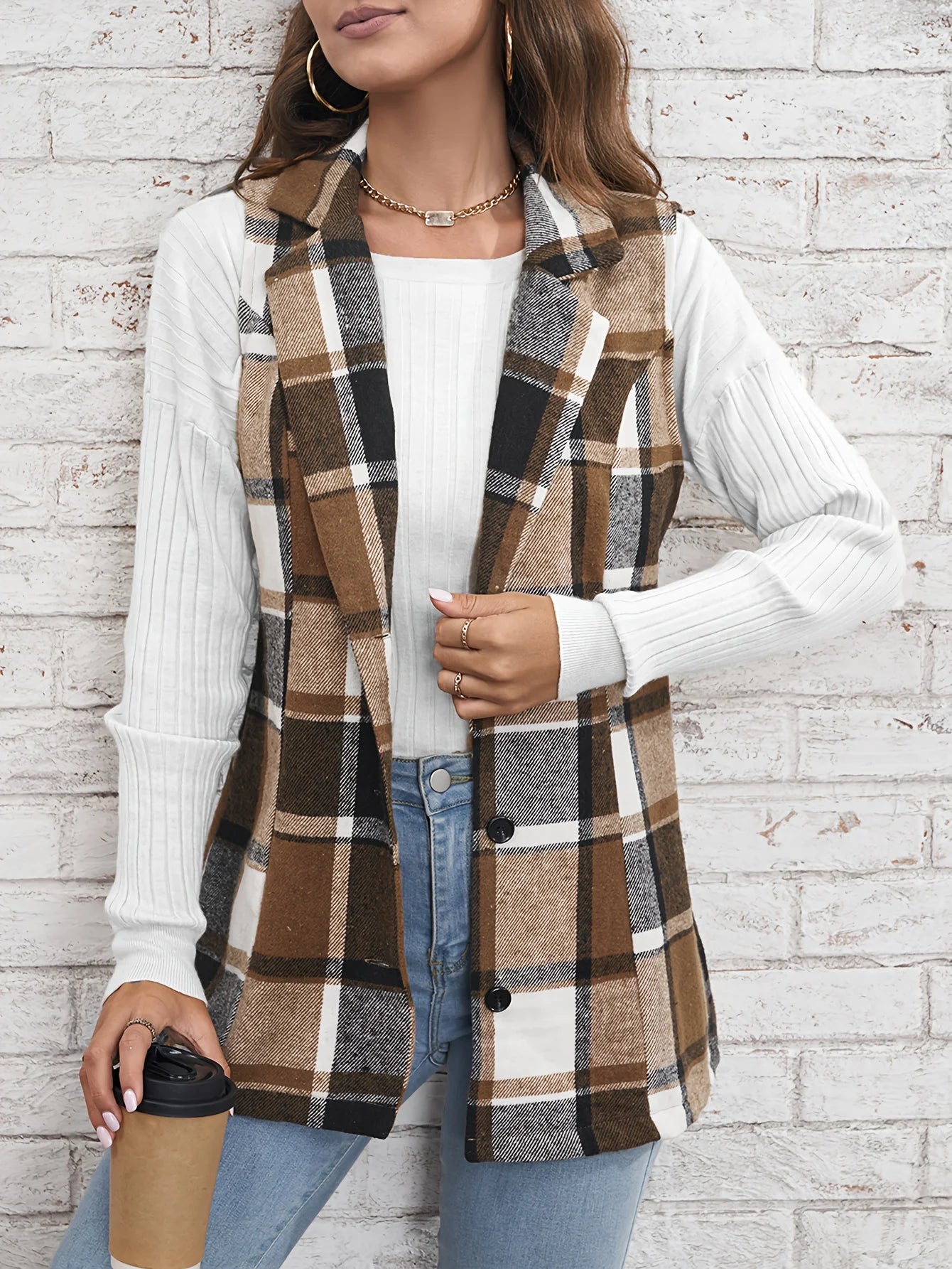 European  American Cross-Border Women's Fashionable And Elegant Plaid Pattern Front Buckle Flip Collar Vest