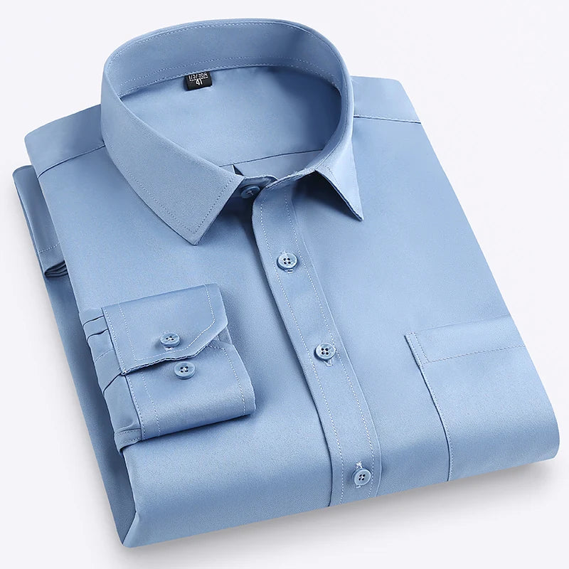 Plus Size M-7XL Elasticity Shirt Men Long Sleeve Slim Fit Casual Solid Color Luxury Shirt Social Formal Dress Shirts Man Clothes