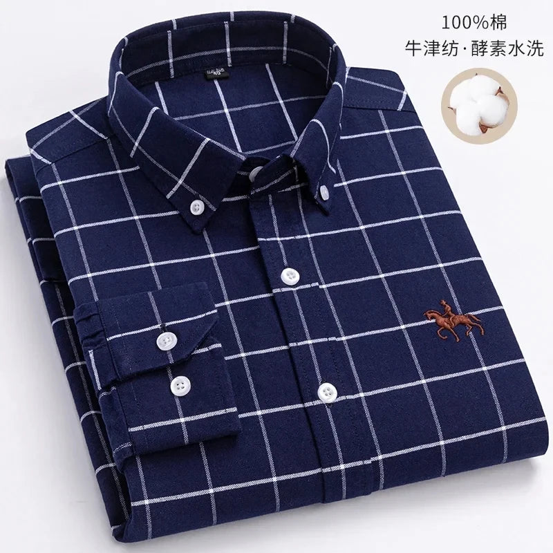 100% Pure Cotton Men Long Sleeve Dress Shirt for Oxford Shirt Men Plaid Striped Work Casual Social Shirts Male Regular-Fit S-6XL