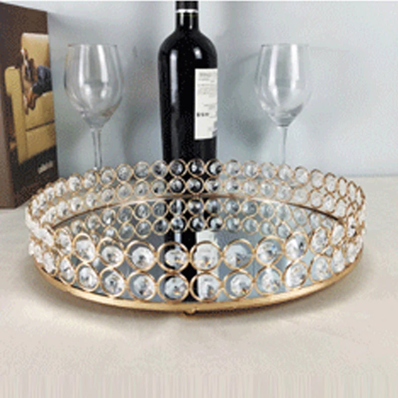 European Pearl-edged Glass Tray Ornaments Cosmetic Mirror Storage Tray Wedding Props Mirror Cake Rack Round Glass Plate