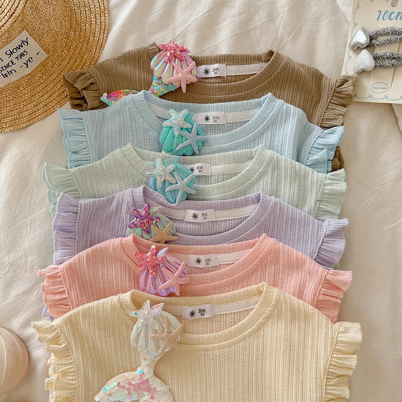 Girls 2-Piece Set Sleeveless T-shirt + Shorts 6 Colors Summer Pajamas Korean Style New Breathable Pure Cotton Home Wear 18M-8Y