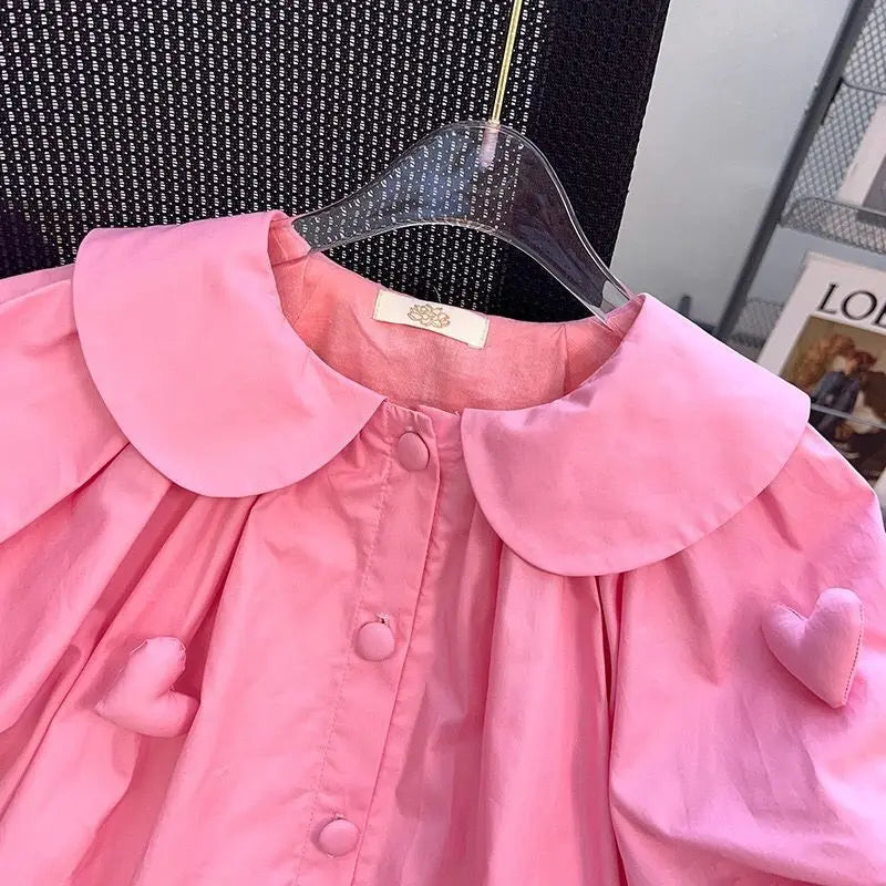 2-12Y Girls Summer Dress Small Lapel Single Breasted Design Cute Princess Dress Children Girls 3D Love Decal Bubble Sleeve Dress