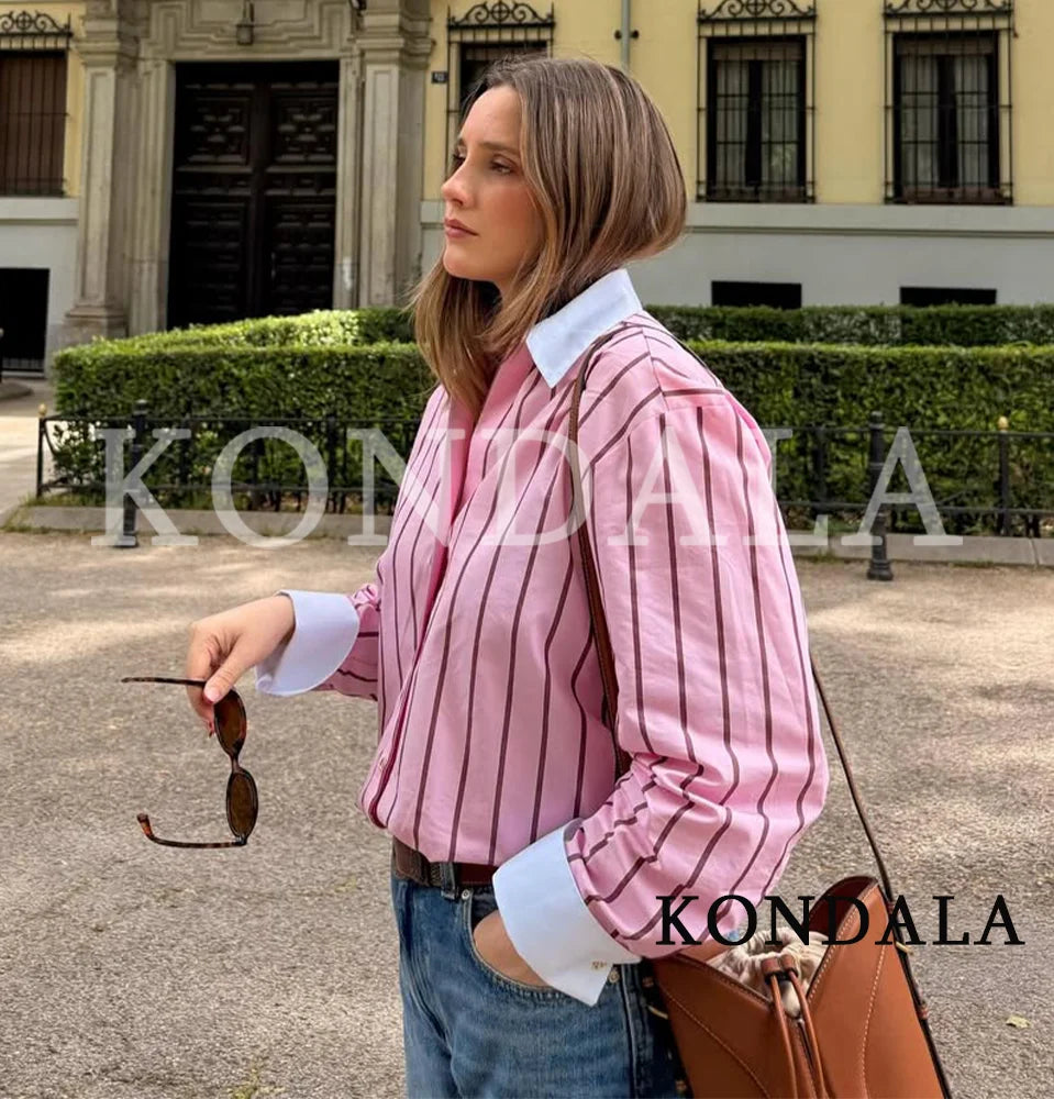 KONDALA Casual Stripes Pink Shirts Women's Trendy Vacation Buttons Lapel Shirts New 2026 Spring Summer Fashion High Street Shirt