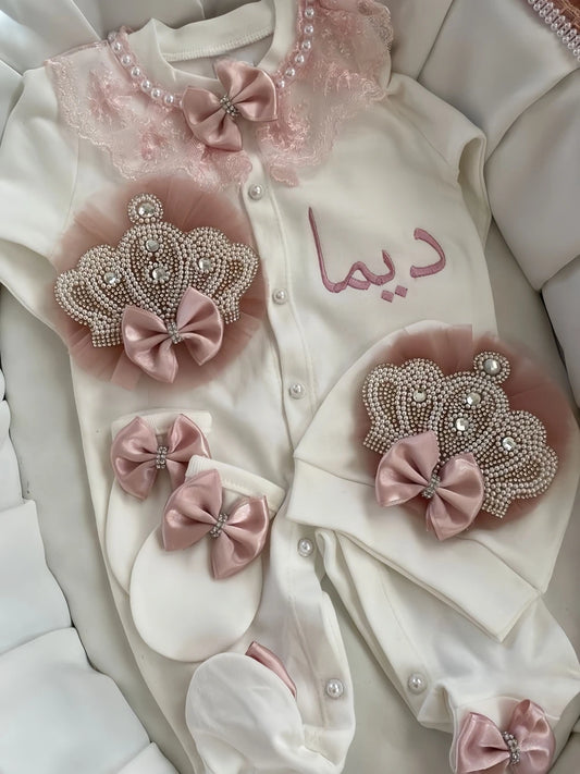 Dollbling Pearly Crown Onederful Boho Nursery Birthday Girl Mauve Dusty Pink Outfit French Lace Bodysuit Cake Smash Shirt Set