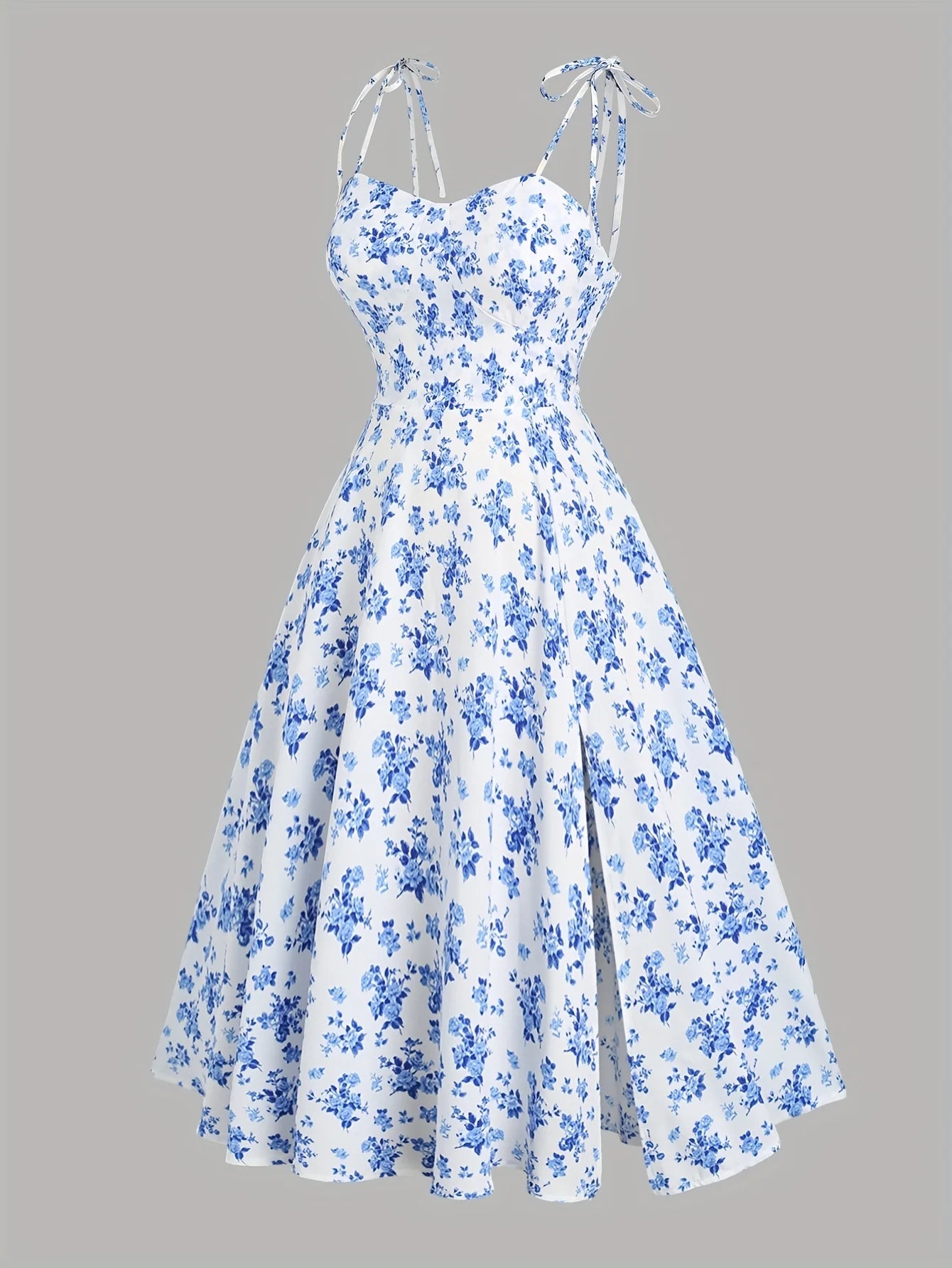European and American fashion plus size women's new flower print A-line skirt bow tie slit dress