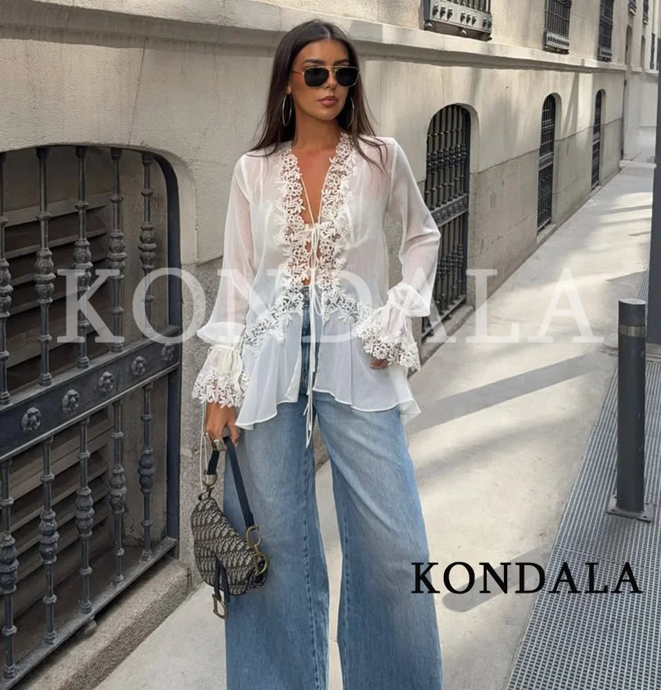 KONDALA Chic Lace Crochet Splicing See-through Shirts Women Elegant Leisure Lace-up Shirts 2026 Summer Trendy Lady Ruffles Shirt