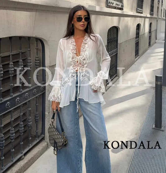 KONDALA Chic Lace Crochet Splicing See-through Shirts Women Elegant Leisure Lace-up Shirts 2026 Summer Trendy Lady Ruffles Shirt