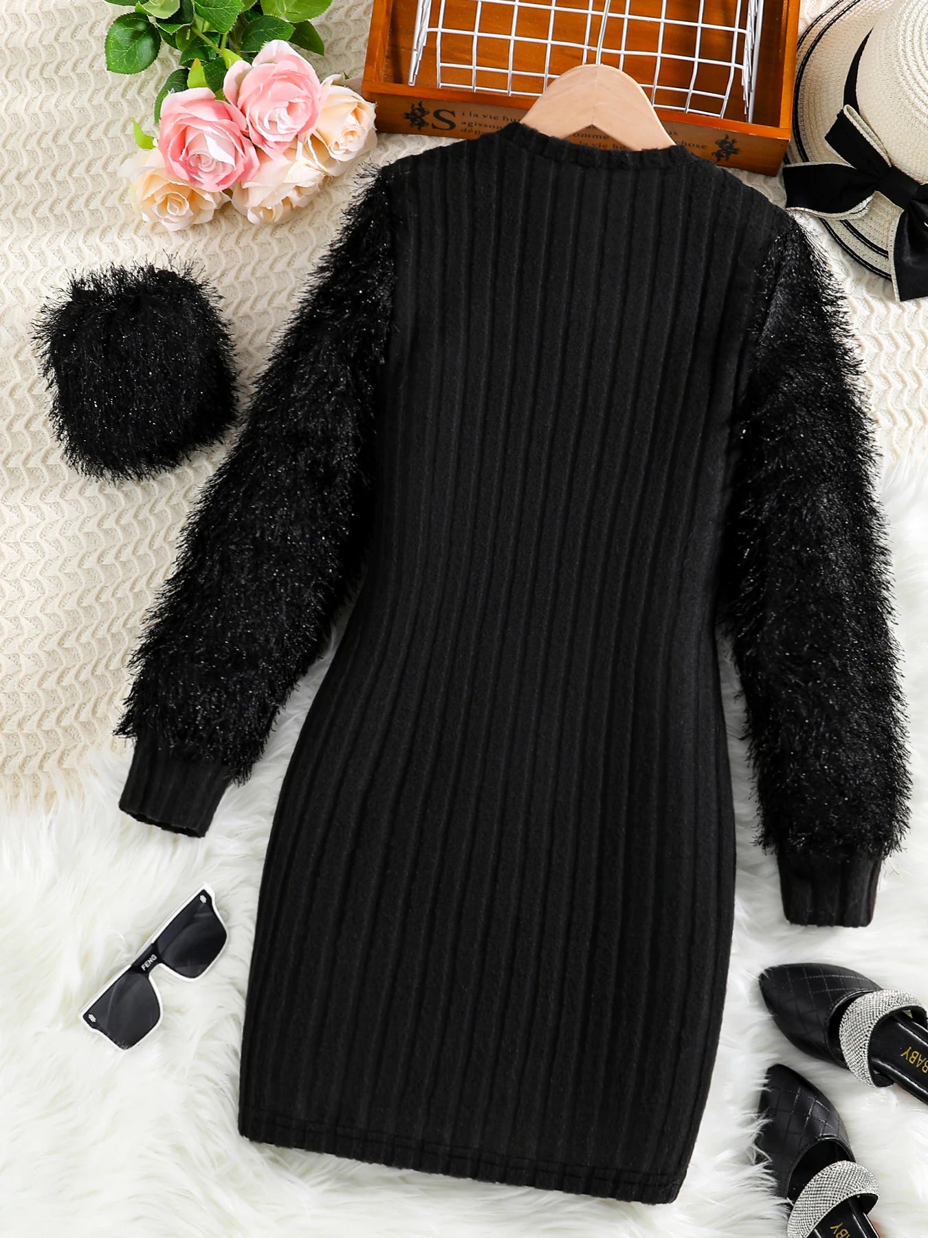 Four seasons light casual fashion girls formal dress solid color pit striped round neck long sleeve plush girl shoulder bag dres