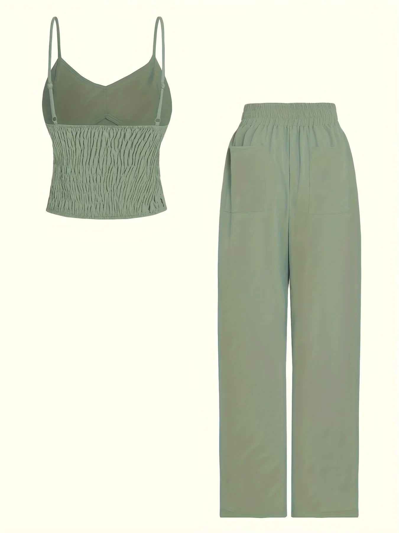 Ladies' Fashionable and Elegant Camisole Top + Elastic Waist Wide Leg Pants Set, Chest Cushion Design Solid Color Casual and Ele