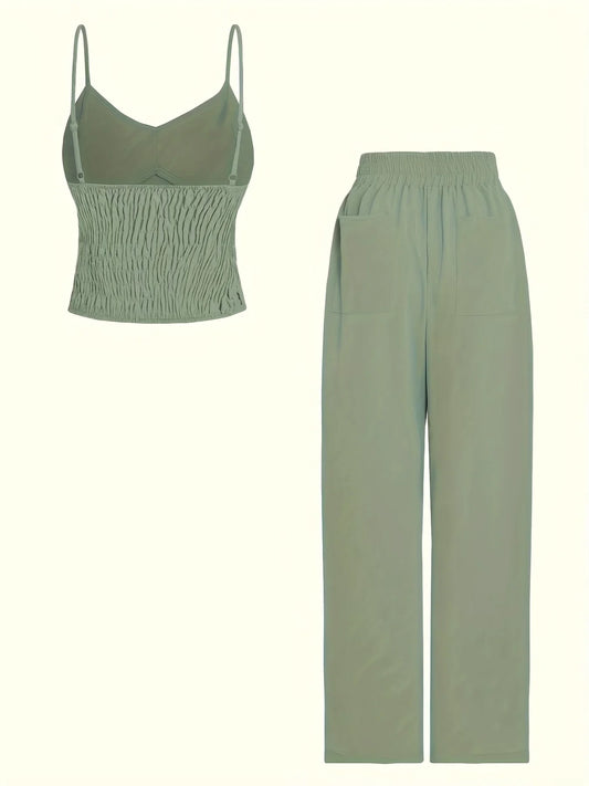 Ladies' Fashionable and Elegant Camisole Top + Elastic Waist Wide Leg Pants Set, Chest Cushion Design Solid Color Casual and Ele