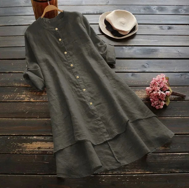 Fast Selling Spring SummerNew Women's Solid Color Button Cotton Linen Long Sleeve Long Length Shirt