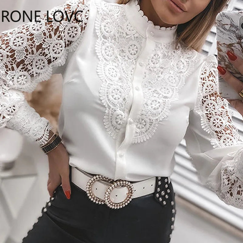 Shirts Elegant Office Ladies White Collared Lace Patchwork Hollow Out Button Up Womens Tops And Blouses 2024 Fashion New Blouse
