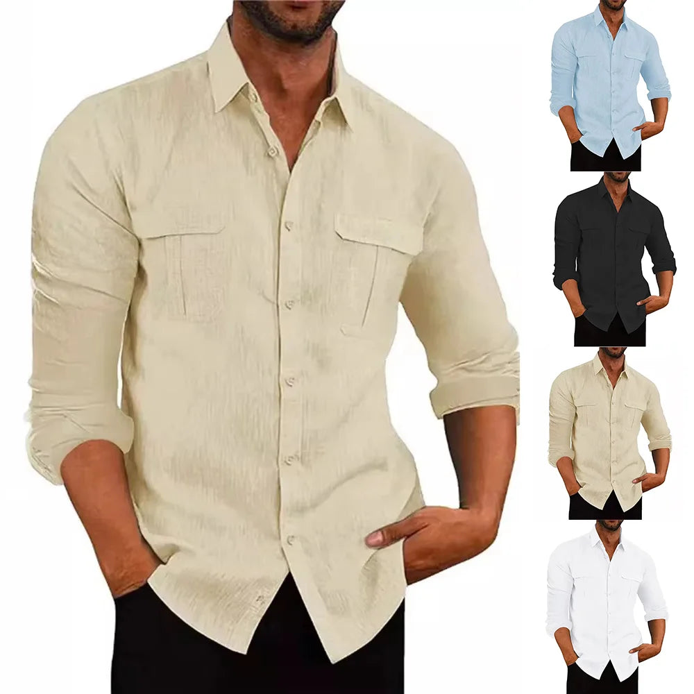 Men's New Cotton Linen Material Shirt Double Pocket Casual Breathable Long-sleeved Shirt Lapel Solid Colour Men's Tops