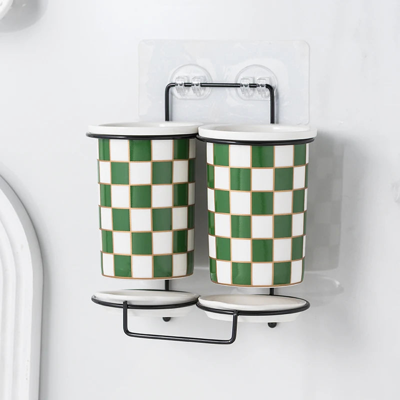 Checkerboard Ceramic Chopsticks Holder Drain Rack Chopsticks Basket Chopsticks Box Cutlery Box Storage Rack Wall-mounted Shelf
