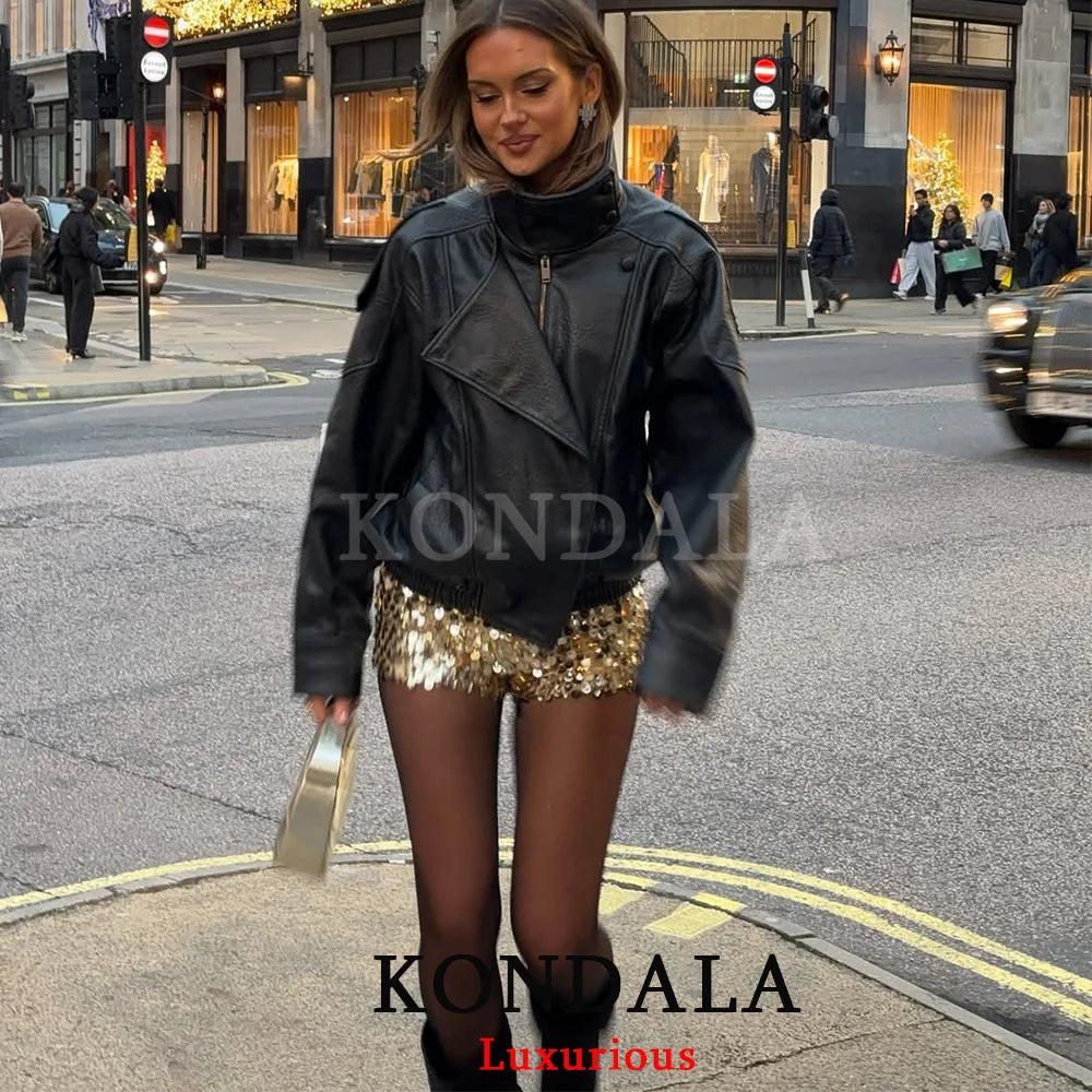 KONDALA Casual Chic Black Leather Jackets Women Long Sleeve Buttons Elastic Oversized Coats Fashion 2026 Fall Streetwear Coats
