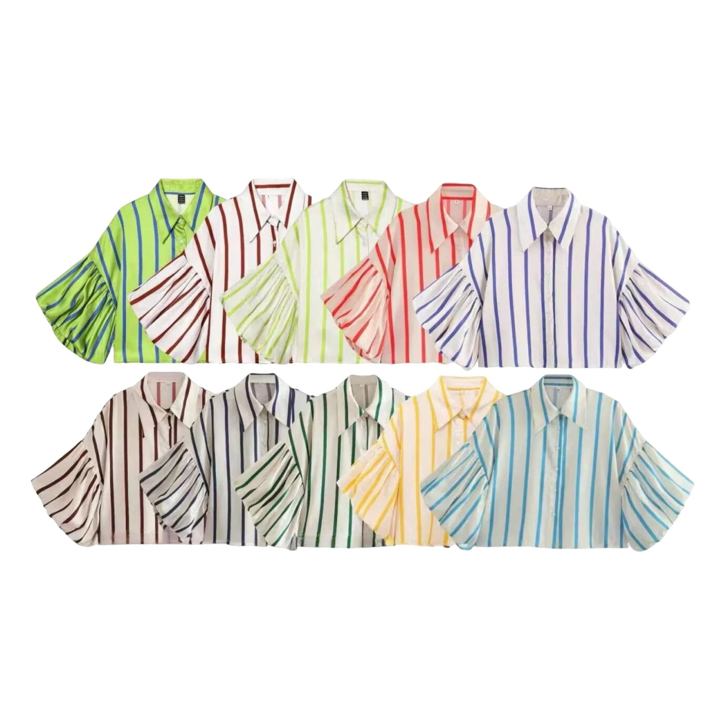 Women Striped Shirts Female Loose-Fit Bubble Sleeve Printed Shirts Lady Casual Youthful Energetic Short Sleeved Tops Clothing