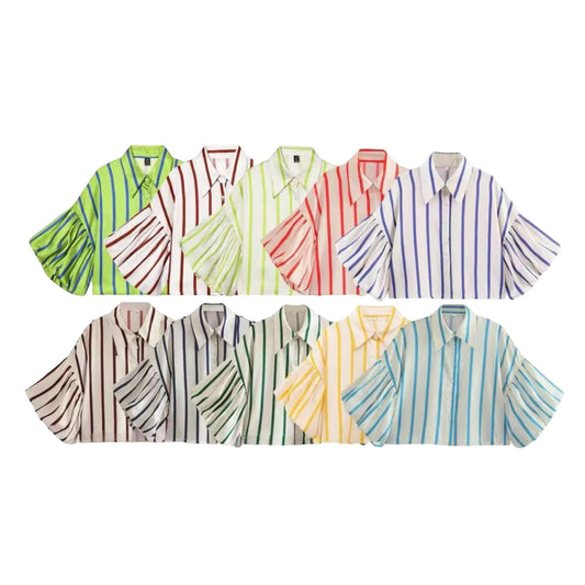 Women Striped Shirts Female Loose-Fit Bubble Sleeve Printed Shirts Lady Casual Youthful Energetic Short Sleeved Tops Clothing