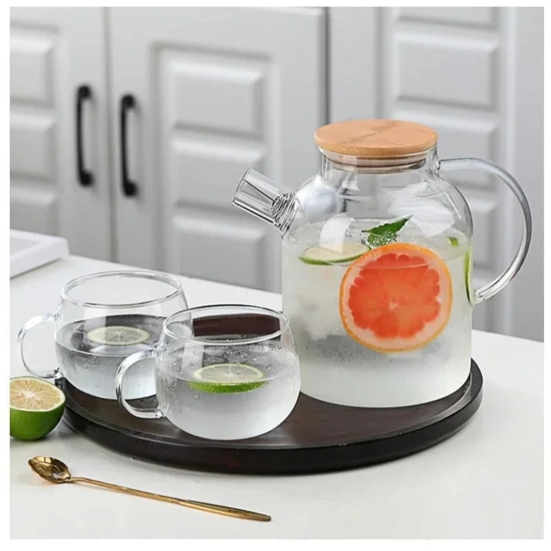 Glass Teapot with Bamboo Lid Transparent Heat-Resistant Thicken Glass Pitcher Cold Water Jug Household Puer Kettle Tea Pot