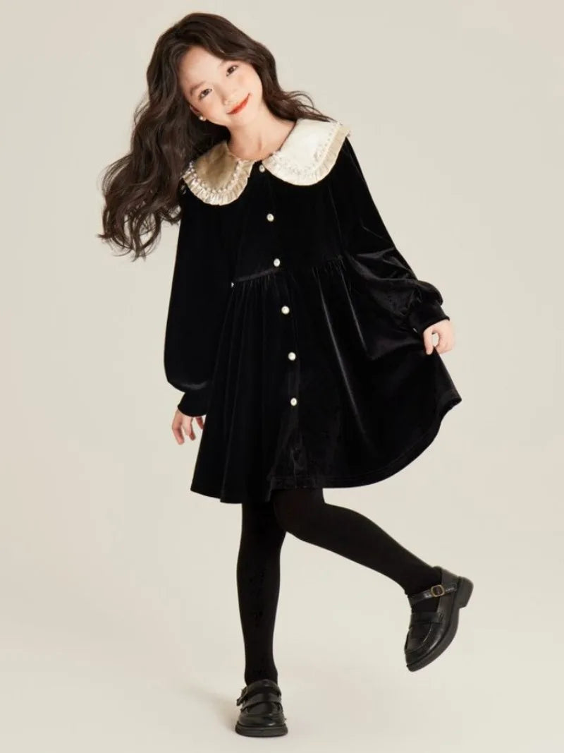 Girls' Autumn/Winter High-end Fleece-lined Velvet Elegant Black Princess Gown Dress - 4-12 Years Old