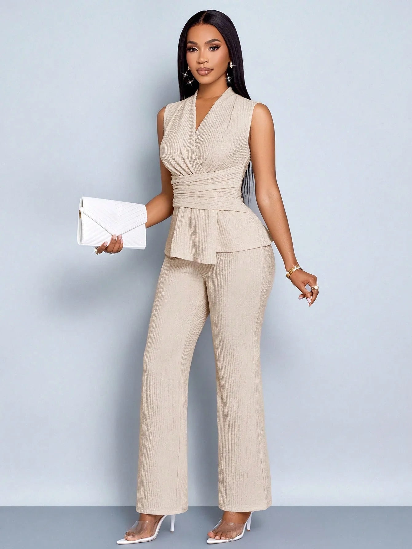 Women's Apricot Elegant V-Neck Vest and Wide-Leg Pants Two-Piece Set