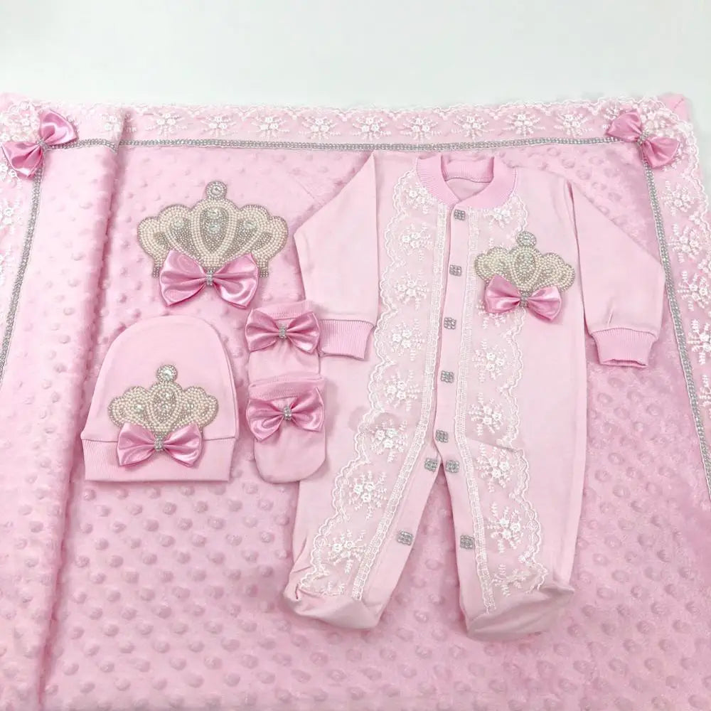 Baby Girl Boy Princess Prince Hospital Exit Newborn Bling Outfits Baby Bottles Gift Set Baby Shower Gift 5pcs Crown Romper
