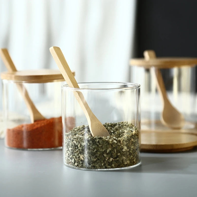 3Pcs Condiment Jars Set Clear Glass Bamboo Lid Spice Jar with Spoon Kitchen Sugar Salt Spices Storage Box Household Container