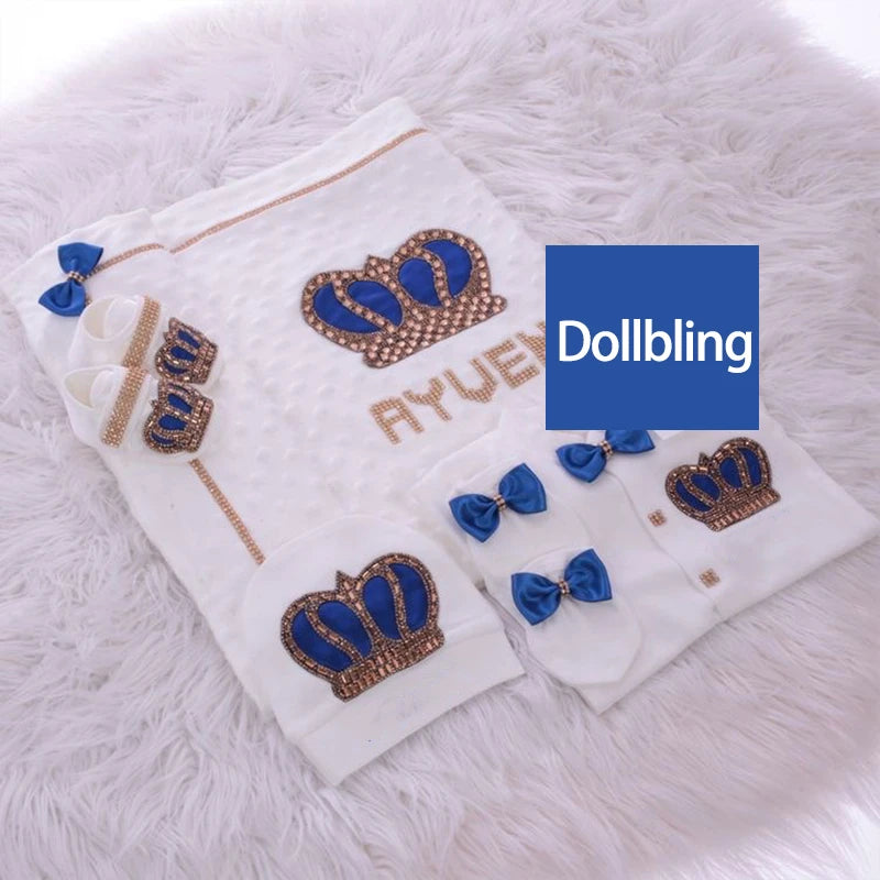 Baby Girl Boy Princess Prince Hospital Exit Newborn Bling Outfits Baby Bottles Gift Set Baby Shower Gift 5pcs Crown Romper