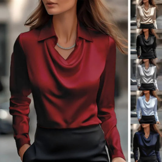 2025 Fall/Winter Women's Lapel Long Sleeve Shirt Temperament Simple and Thin Commuter Top Burgundy Comfortable Pullover Top