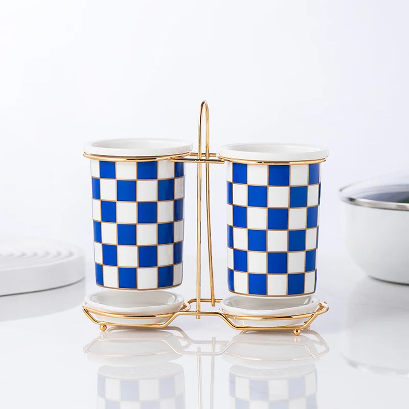 Checkerboard Ceramic Chopsticks Holder Drain Rack Chopsticks Basket Chopsticks Box Cutlery Box Storage Rack Wall-mounted Shelf