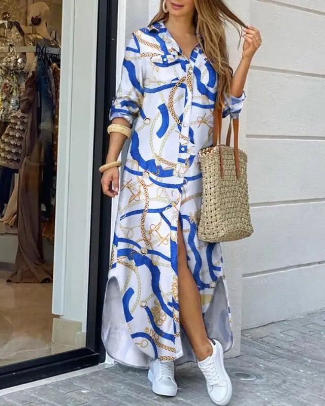 New Autumn Long Dress Long Sleeve Shirt Dress Women Denim Long Dresses Pocket Button Shirt Print Dress Casual Loose Dresses 2023