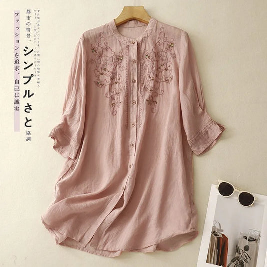 2025 New Literary Floral Embroidery Women O Neck Cotton Linen Long Shirts Loose Summer Blouses Sum Protection Female Casual Tops