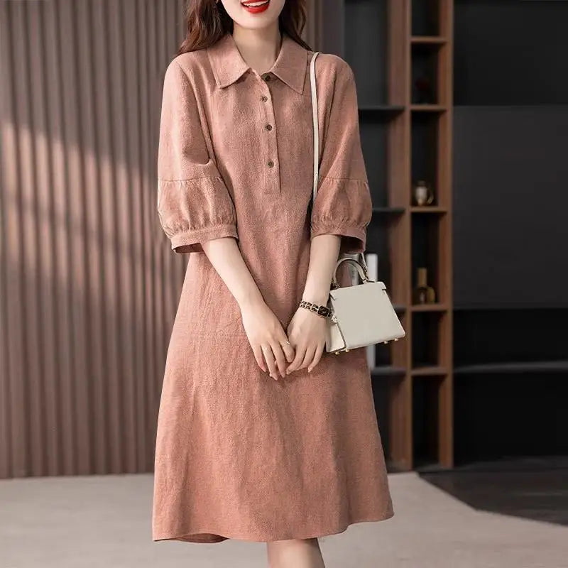 Women Cotton Shirt Dress 2024 Summer Lapel Neck Dresses Korean Office 3/4 Sleeve Midi Vestidos Elegant Solid Buttons Robe
