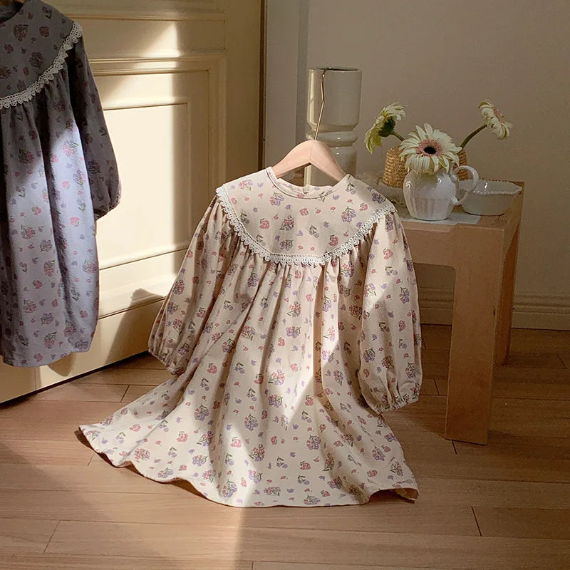 Retro Girls Dress 2025 Autumn New Toddler Kids Girls Cute Print Long-sleeved Sweet Princess Dress