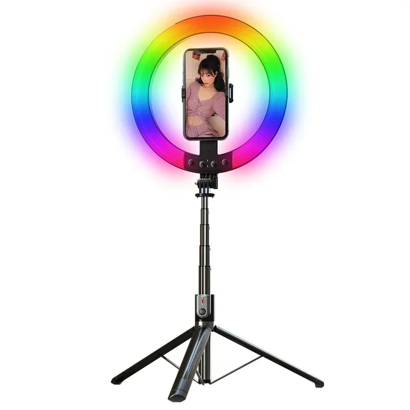 LISCN Selfie Stick Tripod with 10 Inch RGB Selfie Ring LED Fill Light  Photography LED Selfie Light with Remote Control for Live