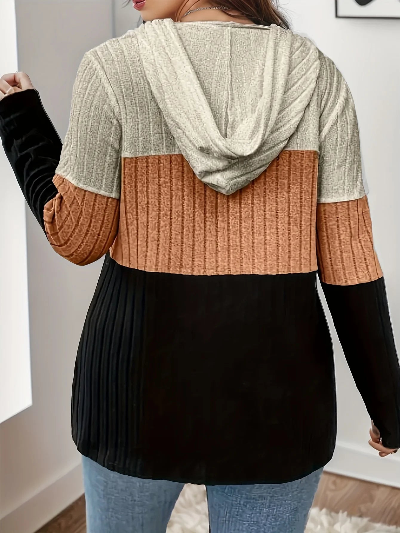 Plus Size Women's Hooded Fashion Knit Ribbed Cardigan Sweatshirt