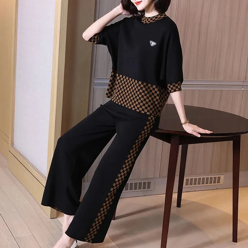 Noble Fashion Suits Spring Summer Middle Aged Mother Wide Leg Pants Sets Large Size Loose Tops + Casual Pants 2PCS Women Outfit