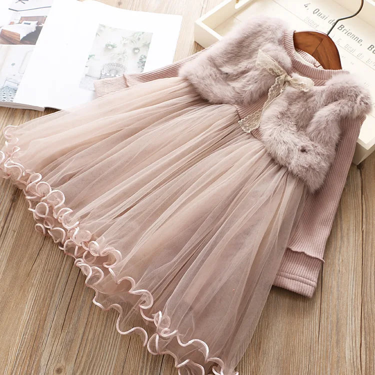 1-7 years old Winter Girl Pink Long sleeved Lace Bow Dress Baby Tank Top Dress Children's Clothing Princess Solid Color Dress