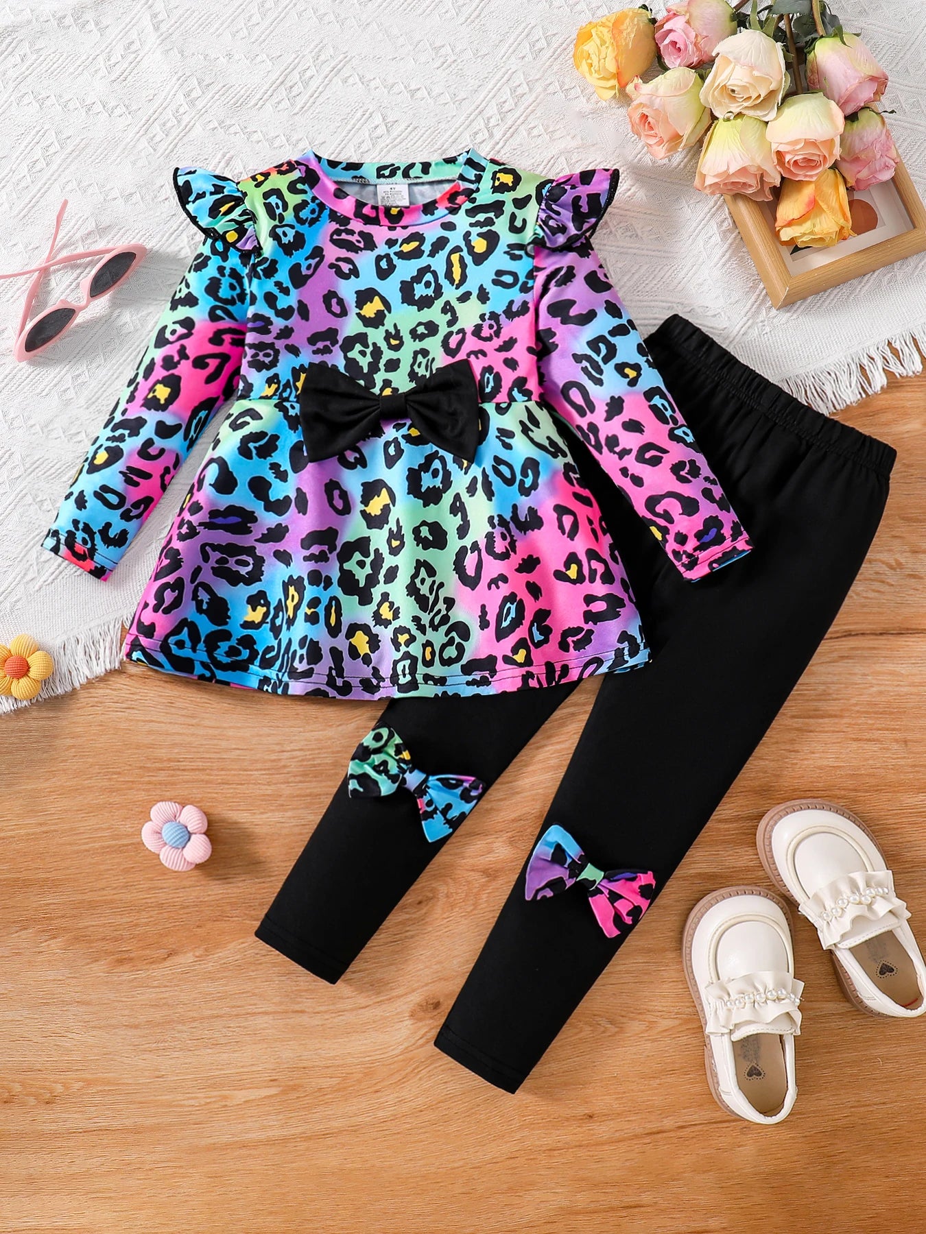 Spring and autumn children's fashion cute casual dress girls tie-dye wing sleeve bow micro-stretch comfortable dress girls set