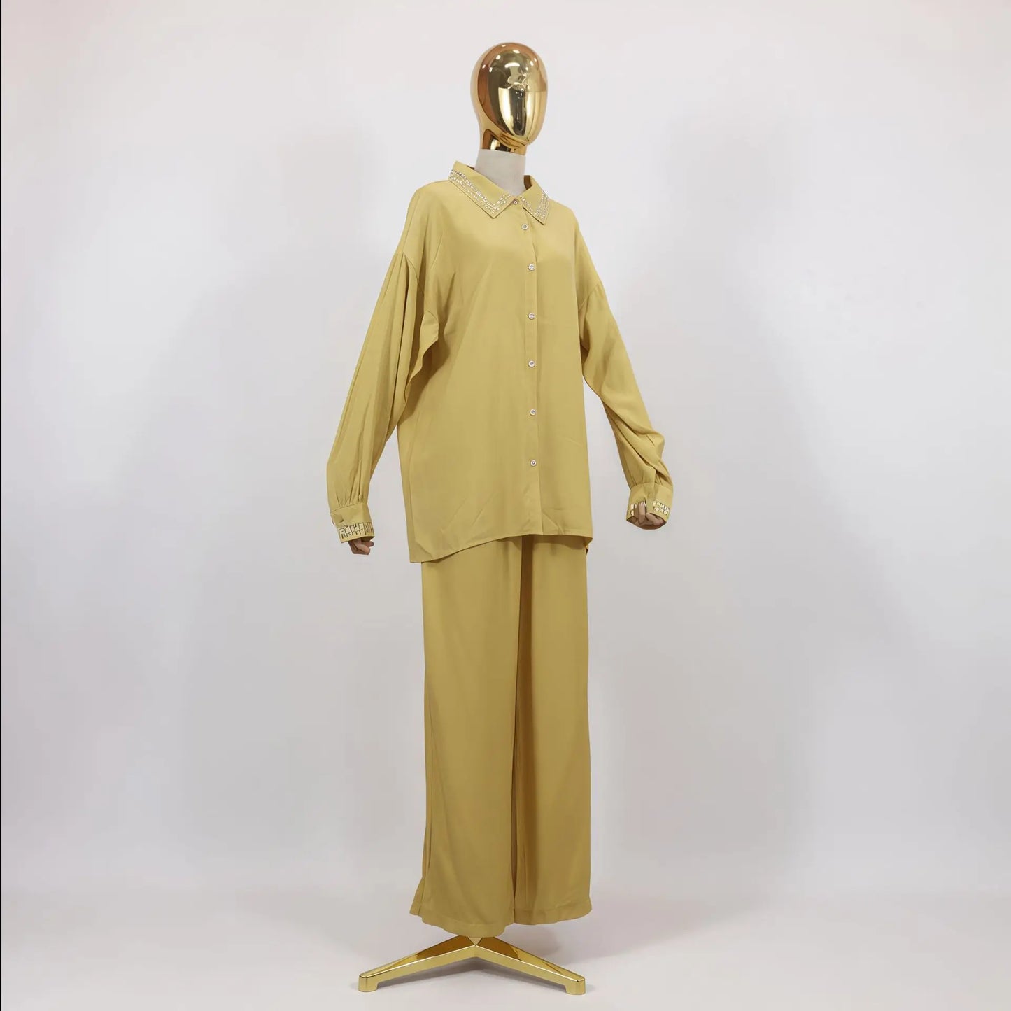 2PCS Women Solid Color Lapel Collar Shirt Pants Set Muslim Abaya Kaftan Islam Clothing Turkey Outfits Femme Musulmane Ensembles