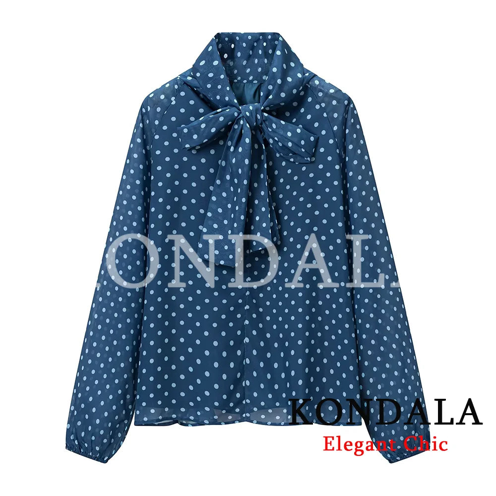 KONDALA Women Trendy Polka Dot Blouse Bow Tie O-Neck Shirt New Fashion 2026 Spring Summer Holiday Party Elegant Mujer Blouse