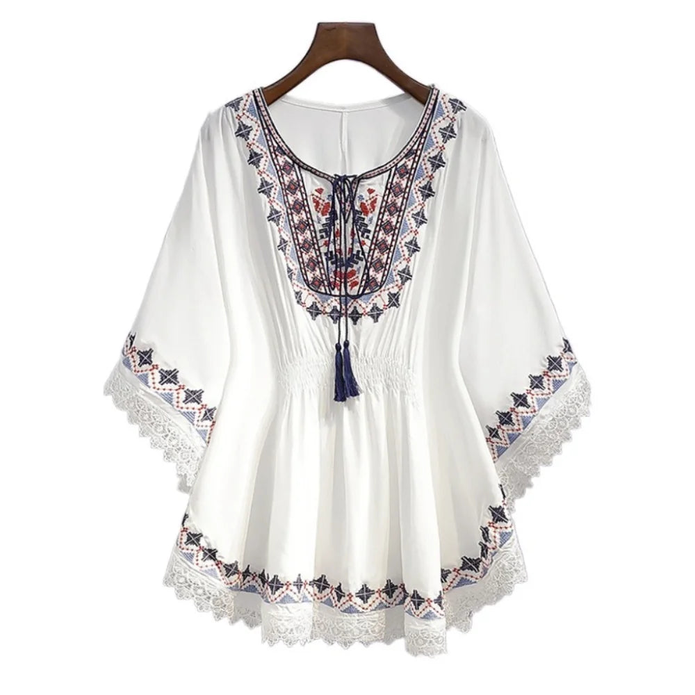Sweet Lace-up Tassel Bohemian Style T-shirt Loose Round Neck Short Sleeve T Shirt Embroidery Blouses Ethnic Style Tops Women