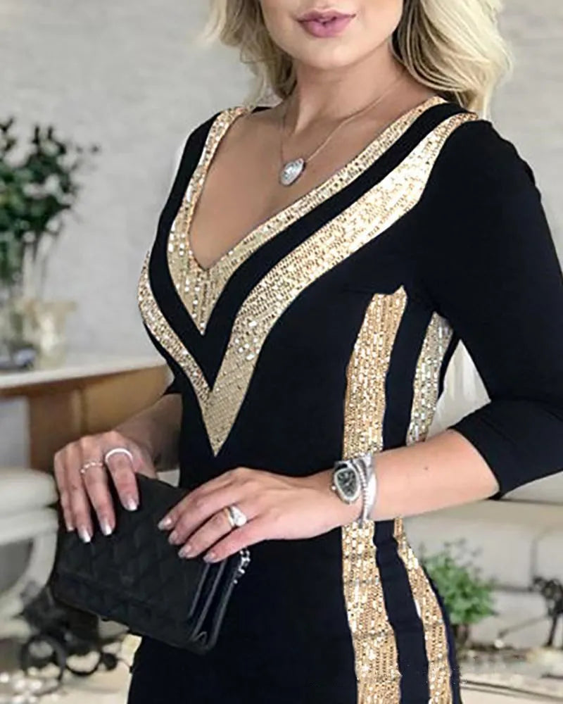 Elegant V-Neck Bodycon Dress for Women, Sexy Tight Fitting Party Dress, Slim Fit Clubwear, Evening Gown